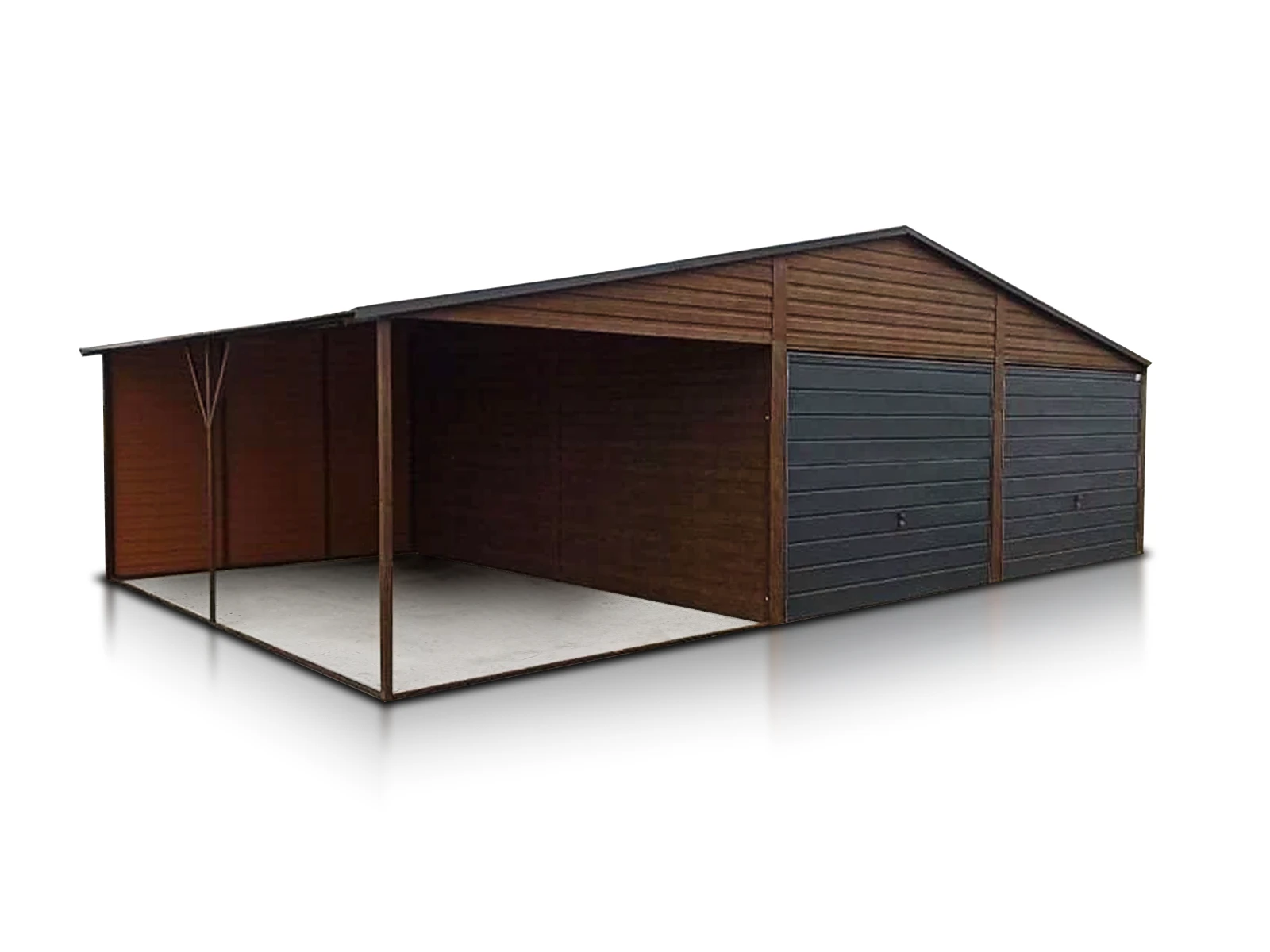 Garage en tôle double 6x5 m avec auvent 3 m double pente effet bois