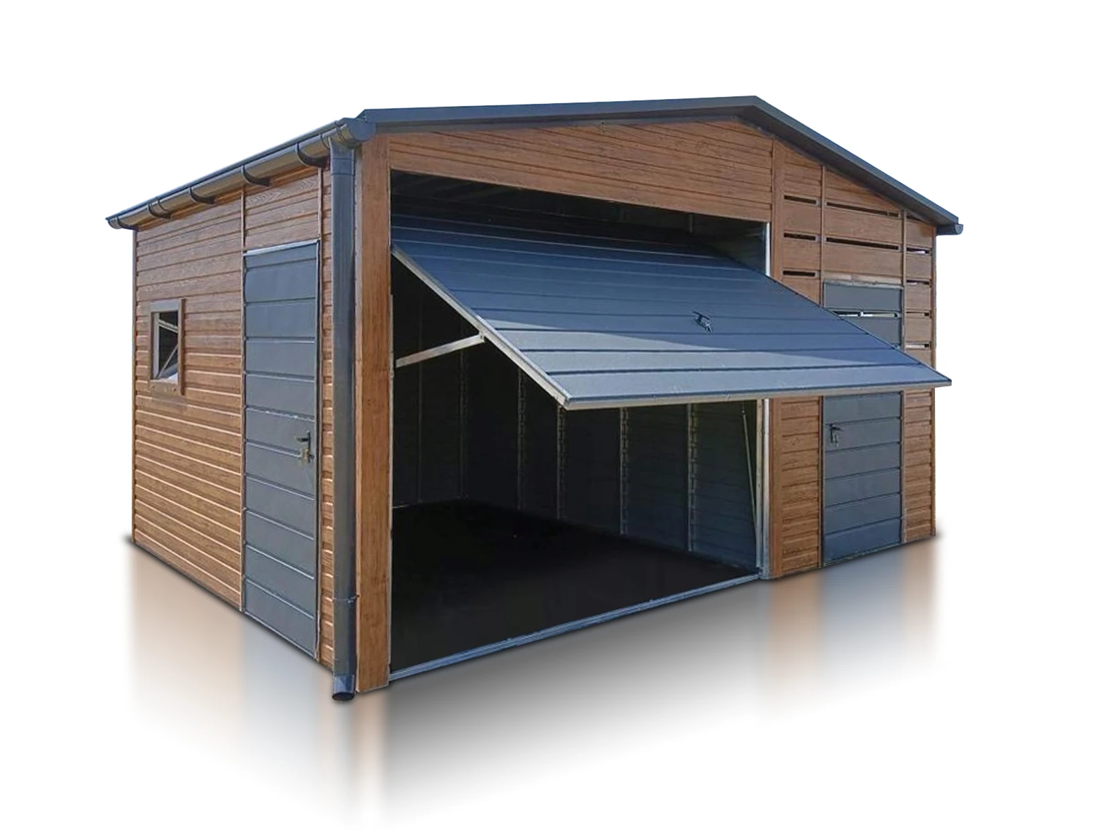 Garage en tôle simple 3x4 m avec auvent 2 m effet bois