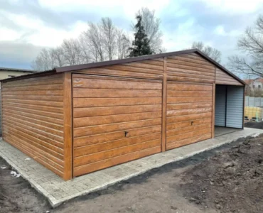 Garage en tôle double 6×5 m Avec auvent 3 m Effet bois