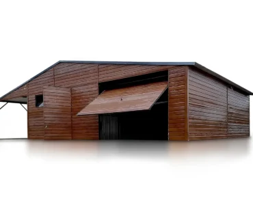 Garage en tôle simple 8×7 m avec auvent 3 m Double pente Effet bois
