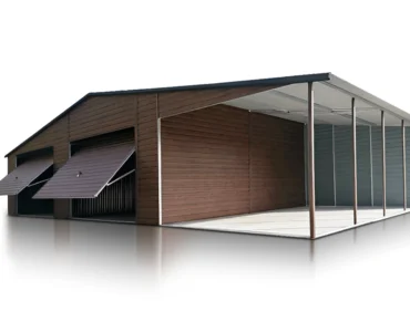 Garage en tôle double 8×6 m avec auvent 3 m Double pente Effet bois