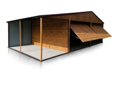 Garage en tôle double 6×5 m Double pente Effet bois avec auvent 1 m