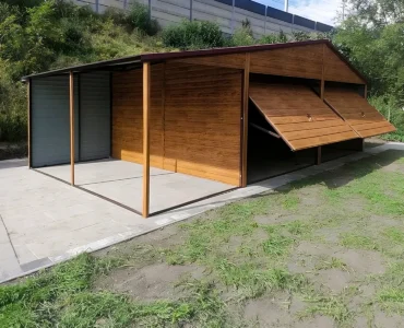 Garage en tôle double 6×5 m Double pente Effet bois avec auvent 1 m