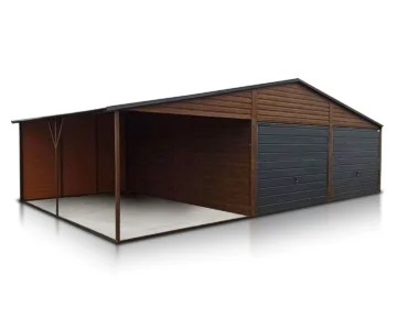 Garage en tôle double 6×5 m avec auvent 3 m Double pente Effet bois