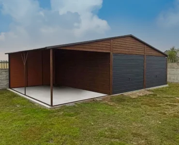 Garage en tôle double 6×5 m avec auvent 3 m Double pente Effet bois