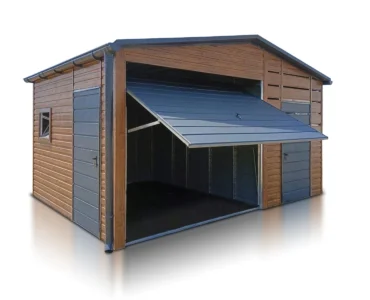 Garage en tôle simple 3×4 m avec auvent 2 m Effet bois