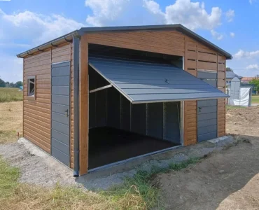 Garage en tôle simple 3×4 m avec auvent 2 m Effet bois