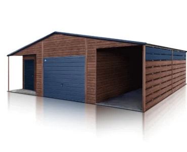 Garage en tôle simple 7×8 m avec auvent 2 m Double pente Effet bois