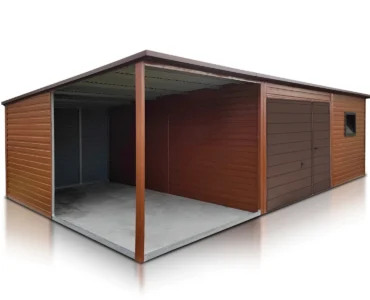 Garage en tôle simple 5.5×5 m avec auvent 2.5 m Effet bois