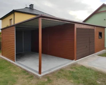 Garage en tôle simple 5.5×5 m avec auvent 2.5 m Effet bois